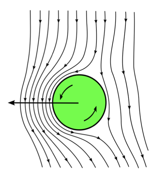 Illustration of the Magnus effect using a downward flow past an anti-clockwise rotating sphere. The flow is slowed down on the right as opposed to the left. The pressure is then greater on the right of the sphere and a leftward force is generated.
